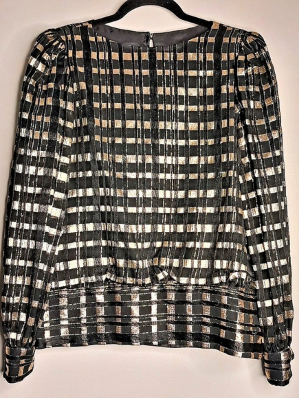 VTG 80s Rimini Metallic Gold Black Plaid Blouse ILGWU Union Made USA Disco S